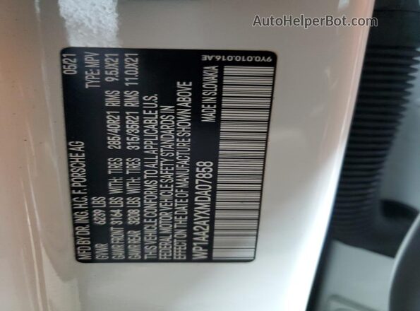 WP1AA2AYXMDA07858 2021 PORSCHE CAYENNE White VIN კოდის სტიკერის ხედი