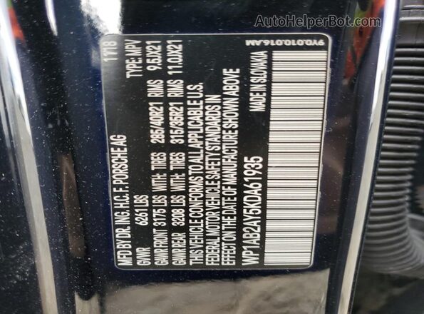 WP1AB2AY5KDA61935 2019 PORSCHE CAYENNE Синий Панорамный вид салона 360°