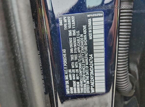 WP1AE2AY3MDA24764 2021 PORSCHE CAYENNE Charcoal Vista de la etiqueta del VIN