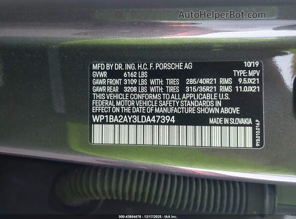 WP1BA2AY3LDA47394 2020 PORSCHE CAYENNE Серый Вид подкапотного пространства