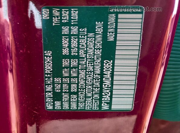 WP1BA2AY5MDA40352 2021 PORSCHE CAYENNE Red VIN sticker view