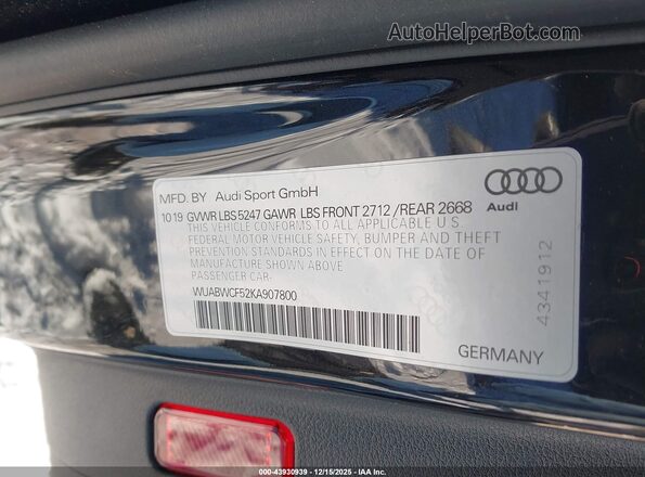 WUABWCF52KA907800 2019 AUDI RS5 Black Vista del compartimento del motor
