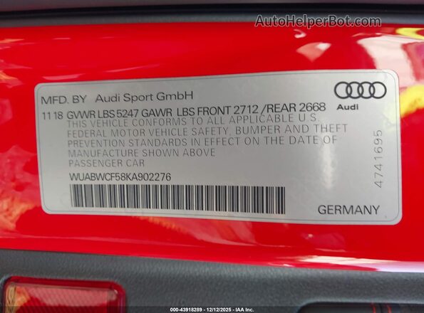 WUABWCF58KA902276 2019 AUDI RS5 Red Widok komory silnika