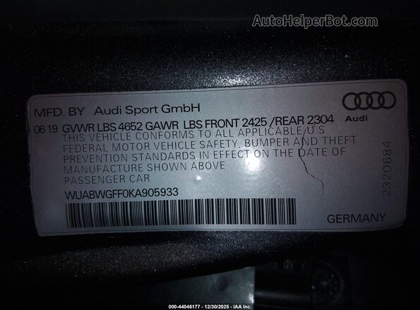 WUABWGFF0KA905933 2019 AUDI RS3 Gray ძრავის განყოფილების ხედი