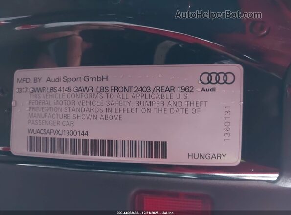 WUACSAFVXJ1900144 2018 AUDI TT Черный Вид подкапотного пространства