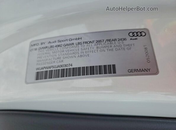 WUAPWAF50JA903074 2018 AUDI RS5 Белый Вид наклейки с VIN-кодом
