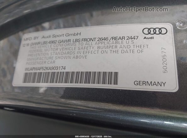 WUAPWAF52KA903174 2019 AUDI RS5 Серый Вид подкапотного пространства