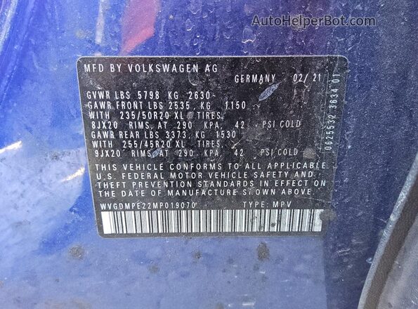 WVGDMPE22MP019070 2021 VOLKSWAGEN ID.4 Blue Вид наклейки з VIN-кодом