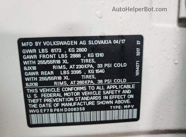 WVGEF7BP6HD006358 2017 VOLKSWAGEN TOUAREG Белый Вид подкапотного пространства