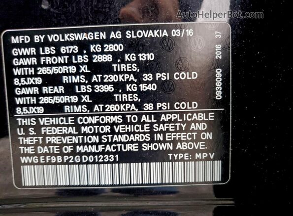 WVGEF9BP2GD012331 2016 VOLKSWAGEN TOUAREG Черный Вид наклейки с VIN-кодом