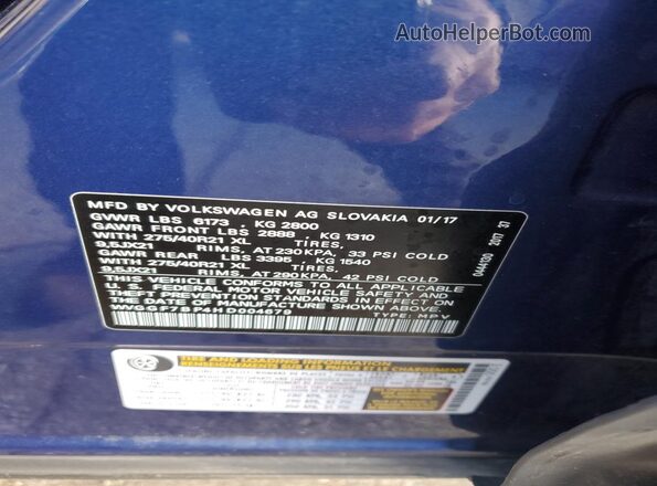 WVGGF7BP4HD004679 2017 VOLKSWAGEN TOUAREG Синий Вид наклейки с VIN-кодом