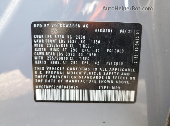 WVGTMPE22MP048029 2021 VOLKSWAGEN ID.4 Серый Вид наклейки с VIN-кодом