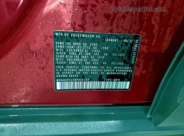 WVGUNPE29NP040738 2022 VOLKSWAGEN ID.4 Red Vista de la etiqueta del VIN