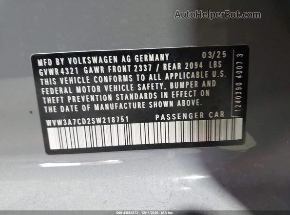 WVW3A7CD2SW218751 2025 VOLKSWAGEN GOLF Gray Շարժիչի բաժամունքի տեսք