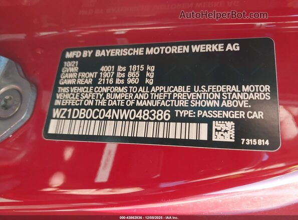 WZ1DB0C04NW048386 2022 TOYOTA GR SUPRA Red Vista del compartimento del motor