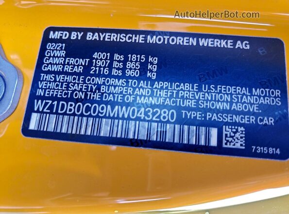 WZ1DB0C09MW043280 2021 TOYOTA SUPRA Желтый Вид подкапотного пространства