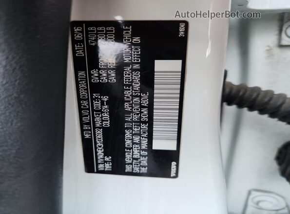 YV140MEK3H1336082 2017 VOLVO V60 White Vista de la etiqueta del VIN