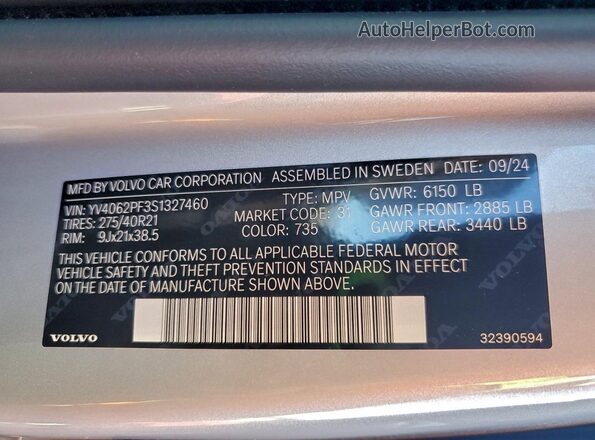 YV4062PF3S1327460 2025 VOLVO XC90 Серебряный Вид наклейки с VIN-кодом