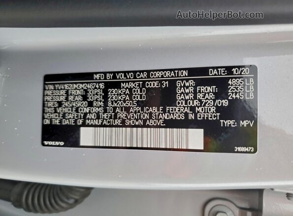 YV4162UM3M2467416 2021 VOLVO XC40 White VIN sticker view