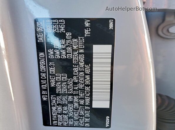 YV4162UM8L2344371 2020 VOLVO XC40 Бирюзовый Вид наклейки с VIN-кодом
