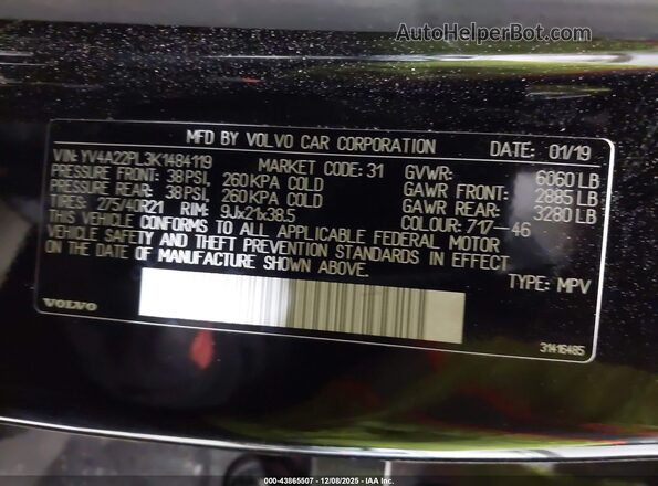 YV4A22PL3K1484119 2019 VOLVO XC90 Черный Вид подкапотного пространства