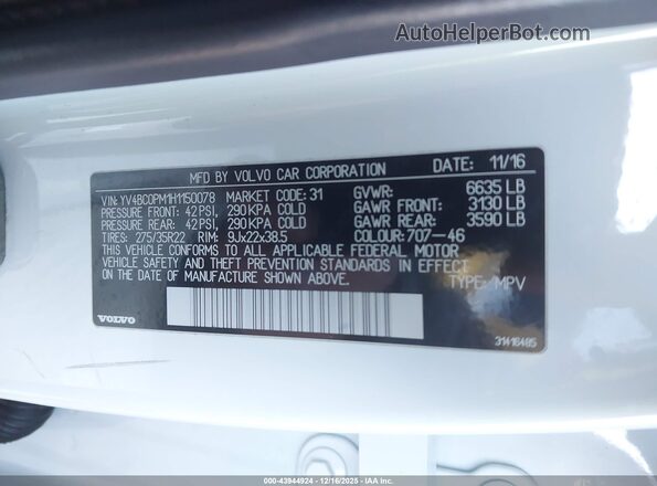 YV4BC0PM1H1150078 2017 VOLVO XC90 HYBRID White Widok komory silnika