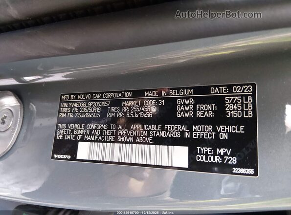 YV4ED3GL9P2053657 2023 VOLVO C40 RECHARGE PURE ELECTRIC Gray Widok naklejki z numerem VIN
