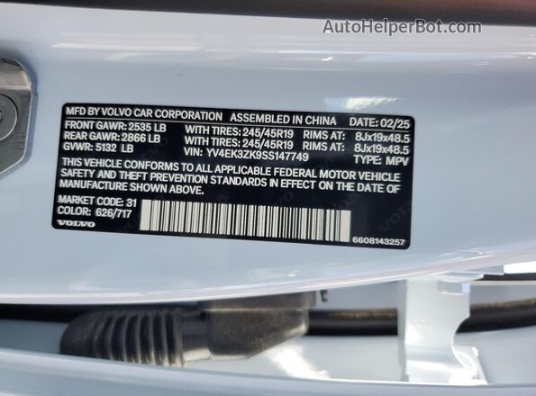 YV4EK3ZK9SS147749 2025 VOLVO EX30 Белый Вид наклейки с VIN-кодом