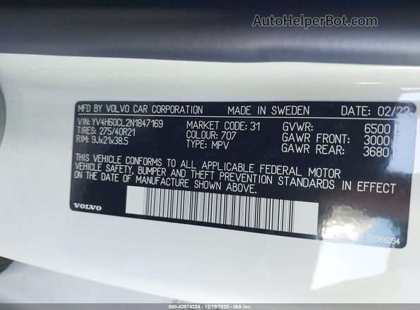 YV4H60CL2N1847169 2022 VOLVO XC90 RECHARGE PLUG-IN HYBRID Белый Вид подкапотного пространства