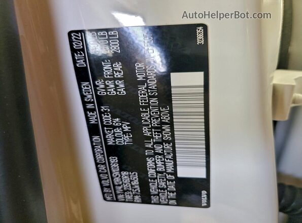 YV4L12RK5N1036193 2022 VOLVO XC60 Белый Вид наклейки с VIN-кодом