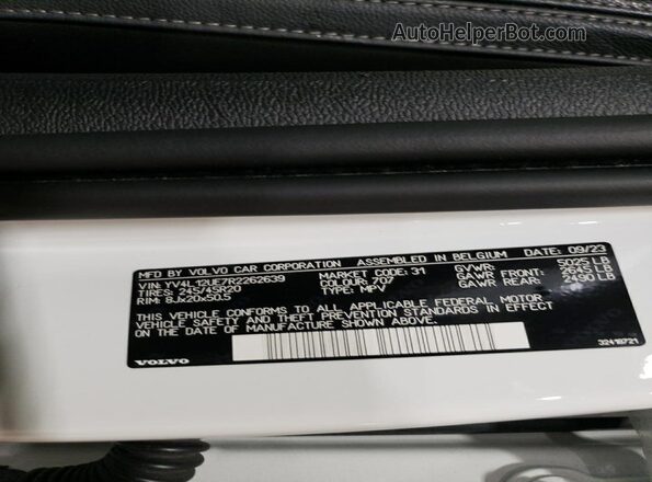 YV4L12UE7R2262639 2024 VOLVO XC40 Белый Вид наклейки с VIN-кодом