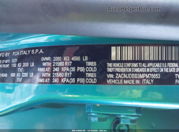 ZACNJDBB3MPM76653 2021 JEEP RENEGADE Teal Շարժիչի բաժամունքի տեսք