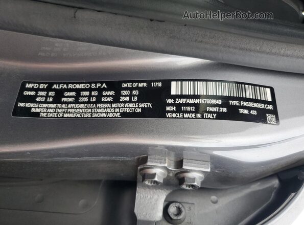 ZARFAMAN1K7608649 2019 ALFA ROMEO GIULIA Угольный Вид подкапотного пространства