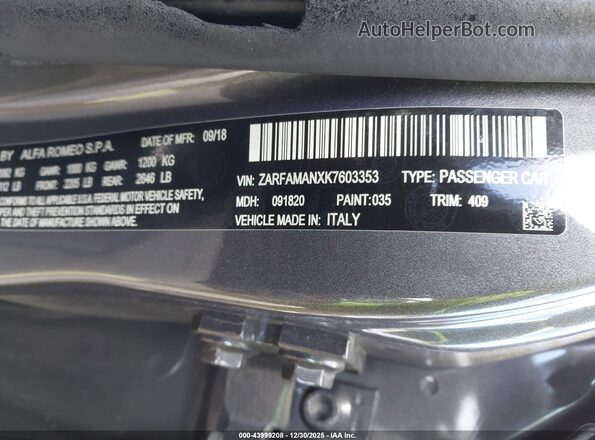 ZARFAMANXK7603353 2019 ALFA ROMEO GIULIA Серый Вид подкапотного пространства