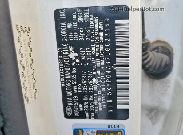 5XYPG4A37LG623169 2020 KIA SORENTO Белый Вид наклейки с VIN-кодом