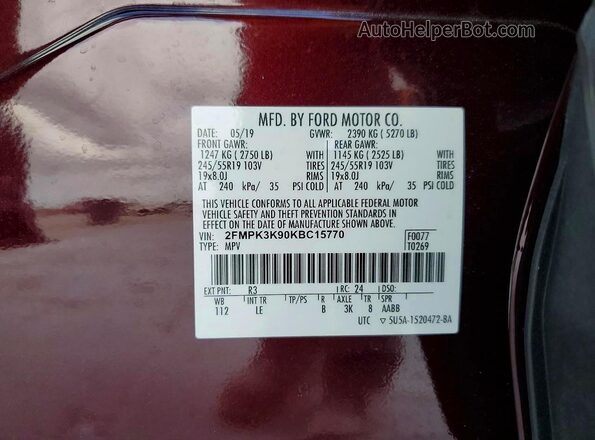 2FMPK3K90KBC15770 2019 FORD EDGE Maroon Vista interior de 360 grados