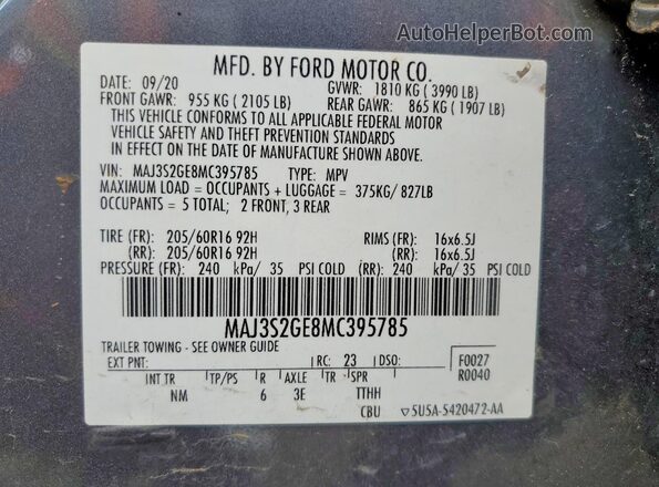 MAJ3S2GE8MC395785 2021 FORD ECOSPORT Gray VIN კოდის სტიკერის ხედი