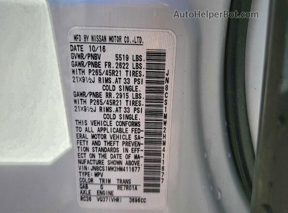 JN8CS1MW2HM411677 2017 INFINITI QX70 White Вид задньої частини салону