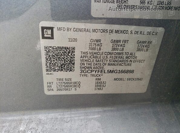 3GCPYFEL5MG166898 2021 CHEVROLET ALL MODELS Серый Вид наклейки с VIN-кодом
