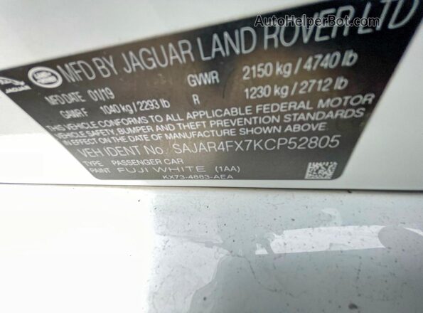SAJAR4FX7KCP52805 2019 JAGUAR XF White Vista interior trasera
