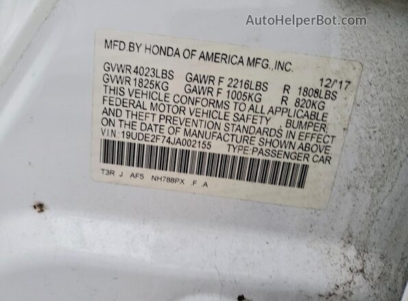 19UDE2F74JA002155 2018 ACURA ILX White Vista del compartimento del motor
