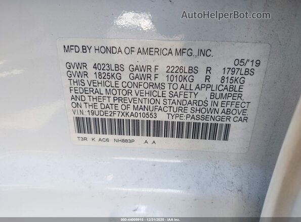 19UDE2F7XKA010553 2019 ACURA ILX White Widok komory silnika