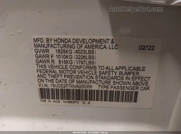 19UDE2F7XNA005356 2022 ACURA ILX Белый Вид подкапотного пространства