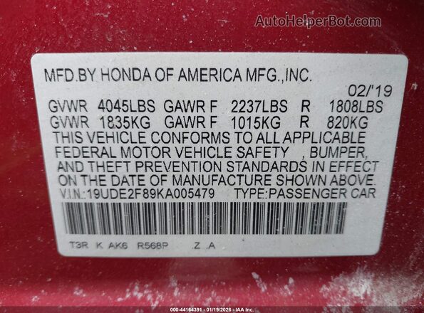19UDE2F89KA005479 2019 ACURA ILX Red Vista del compartimento del motor