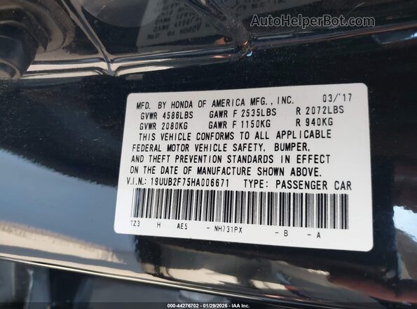 19UUB2F75HA006671 2017 ACURA TLX Black Vista del compartimento del motor