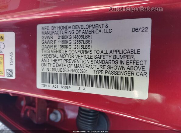 19UUB5F56NA003984 2022 ACURA TLX Красный Вид подкапотного пространства