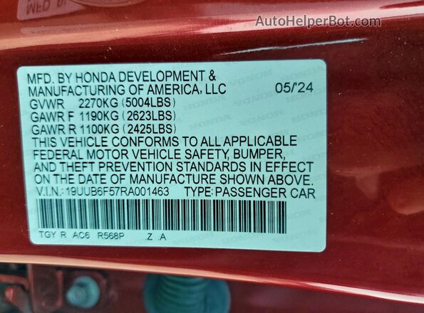 19UUB6F57RA001463 2024 ACURA TLX Красный Вид наклейки с VIN-кодом