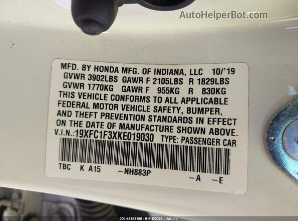 19XFC1F3XKE019030 2019 HONDA CIVIC Белый Вид подкапотного пространства