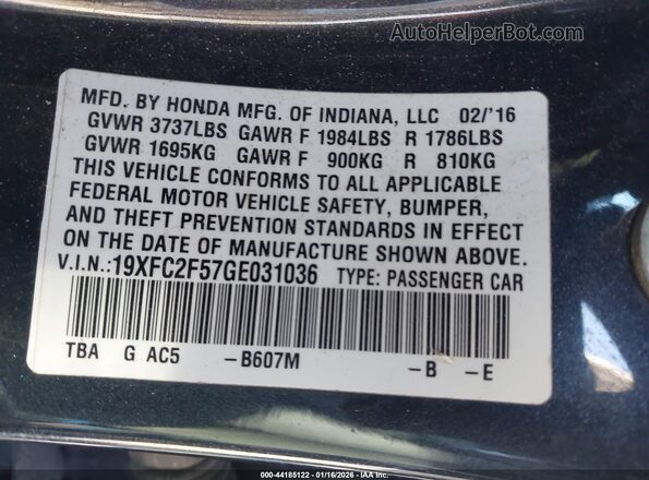 19XFC2F57GE031036 2016 HONDA CIVIC Dark Blue Вид подкапотного пространства