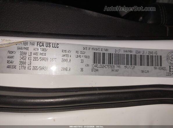 1C4RDJDG2HC757839 2017 DODGE DURANGO White 